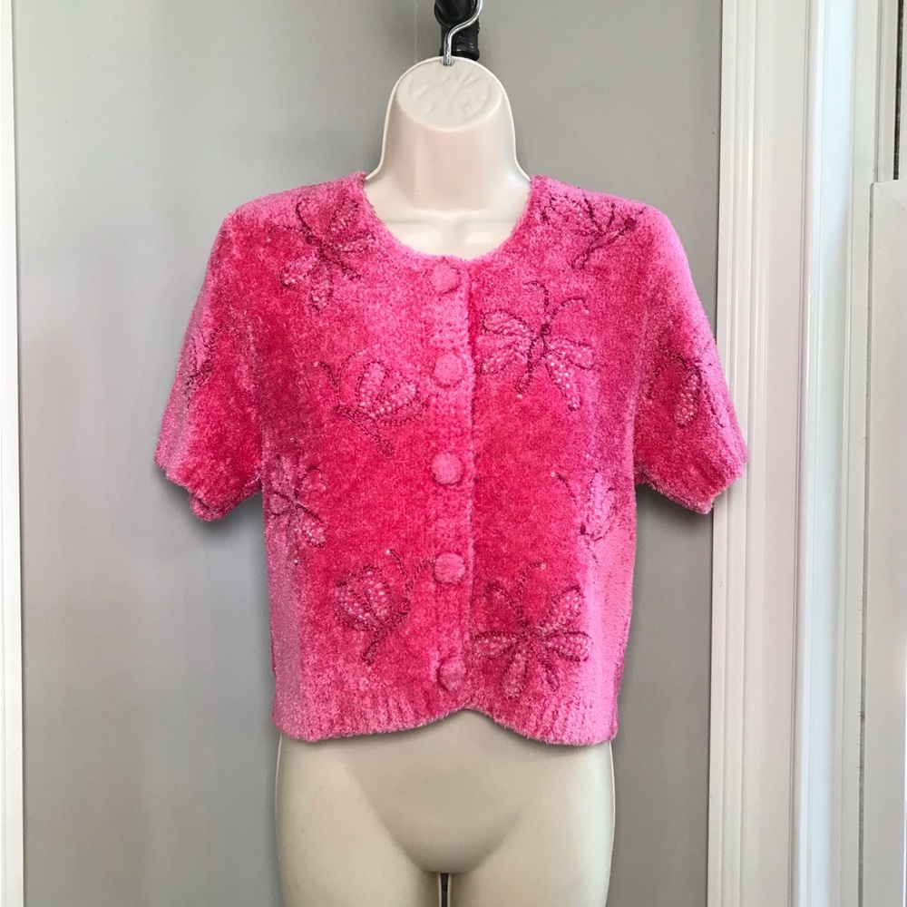 Vintage Michael Simon Fuzzy Pink Butterfly Crop Sweater Cardigan ~ Women’s Small